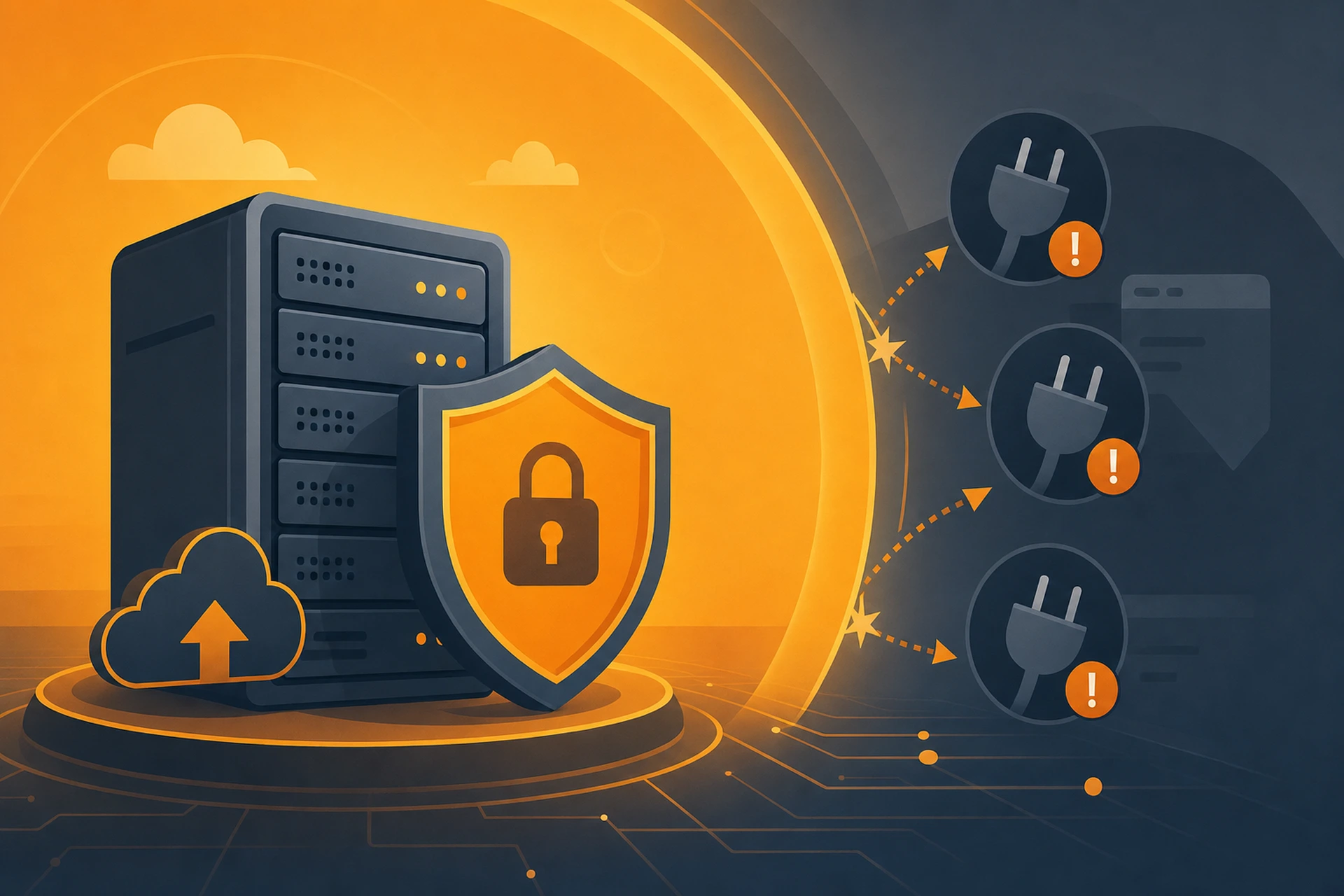 Server rack representing the hosting layer behind WordPress security