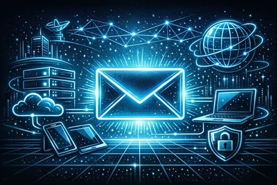 Business professional reviewing email on laptop with domain email setup in background