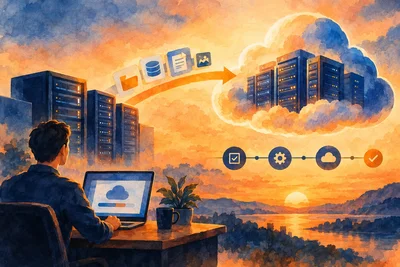 Business owner reviewing a cloud hosting migration timeline on a laptop