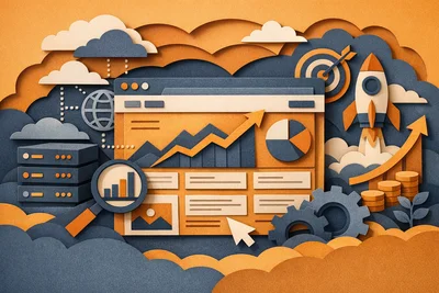 Business owner reviewing website analytics and SEO growth charts on a laptop