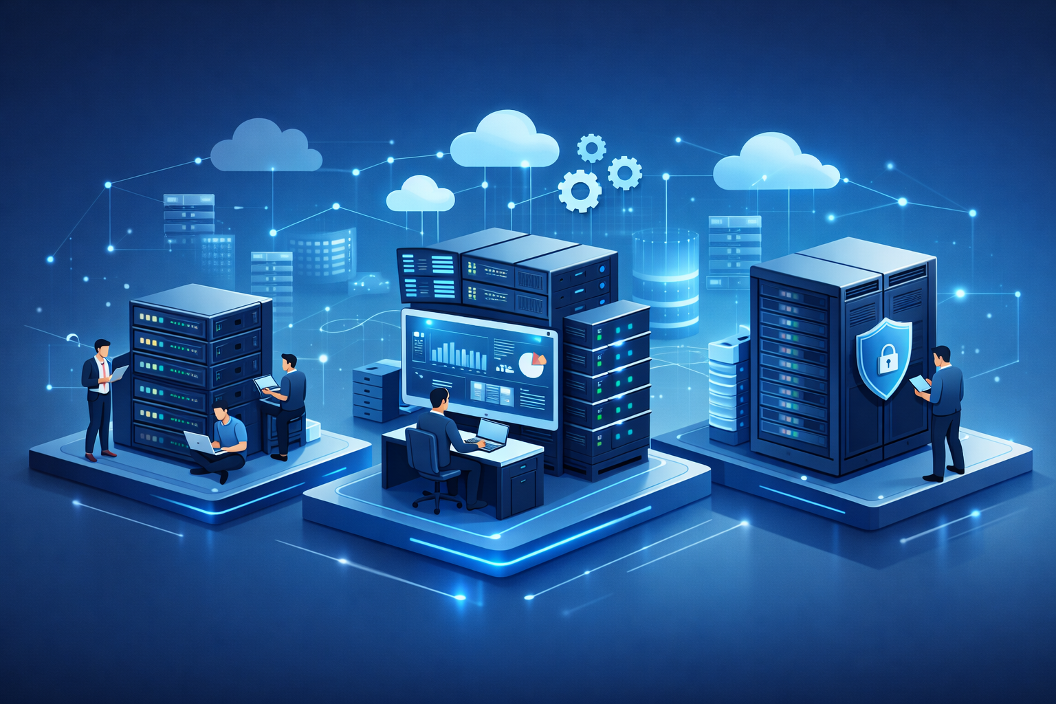 Server rack in a data center with blue LED lights representing managed web hosting infrastructure