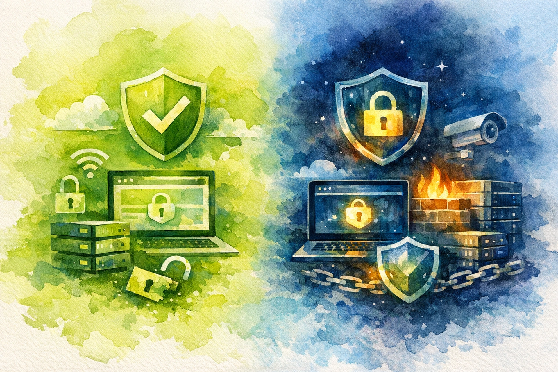 Padlock icon split between free and paid website security protection tiers on a dark background