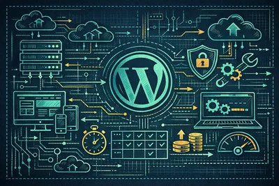 A WordPress dashboard on a laptop screen showing site health and performance metrics after switching to managed WordPress hosting