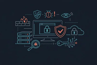 Diagram showing layered website security protection stack including WAF, firewall, SSL, and backups
