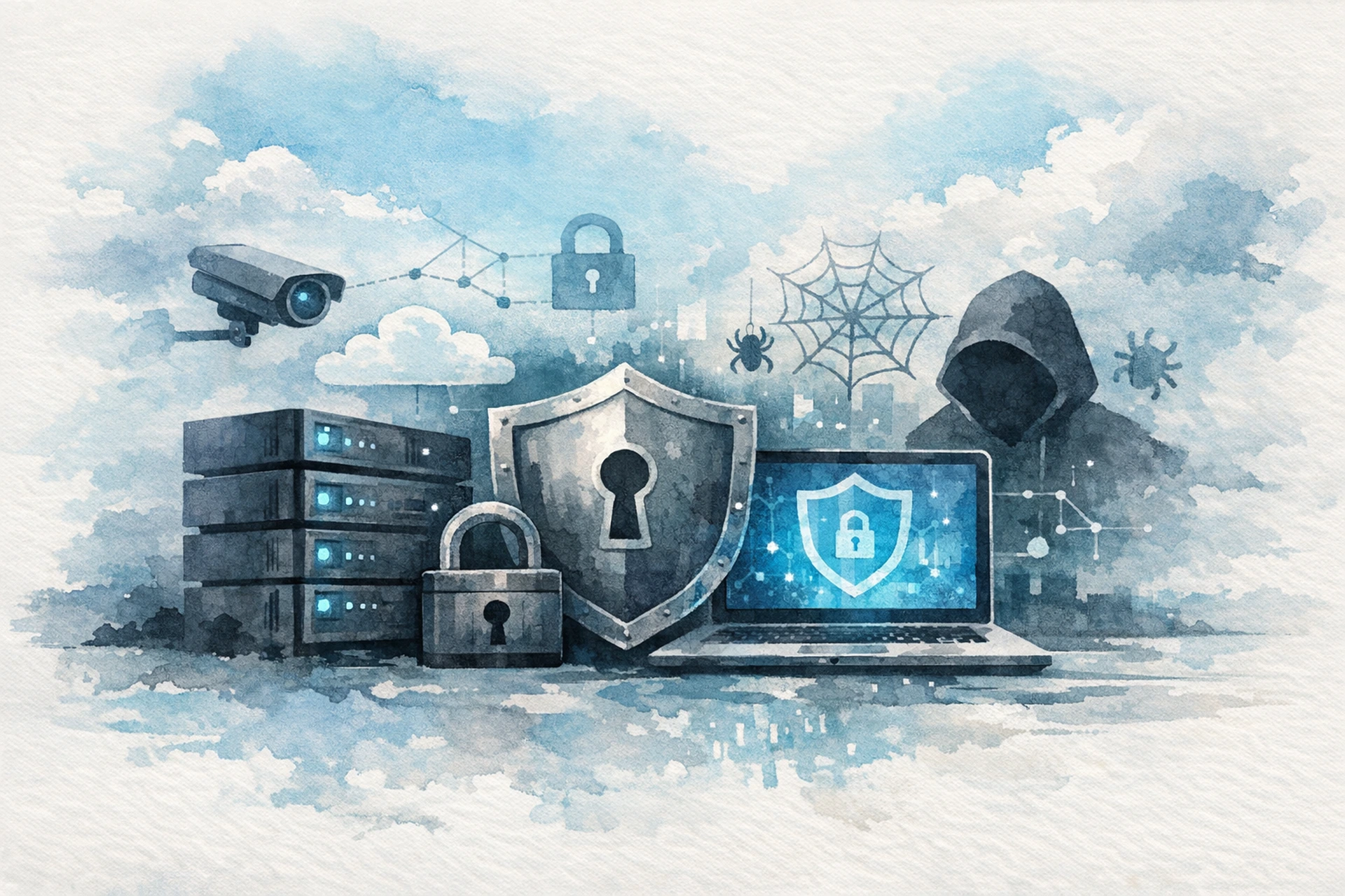 Illustrated diagram showing multiple security layers protecting a web server from online threats