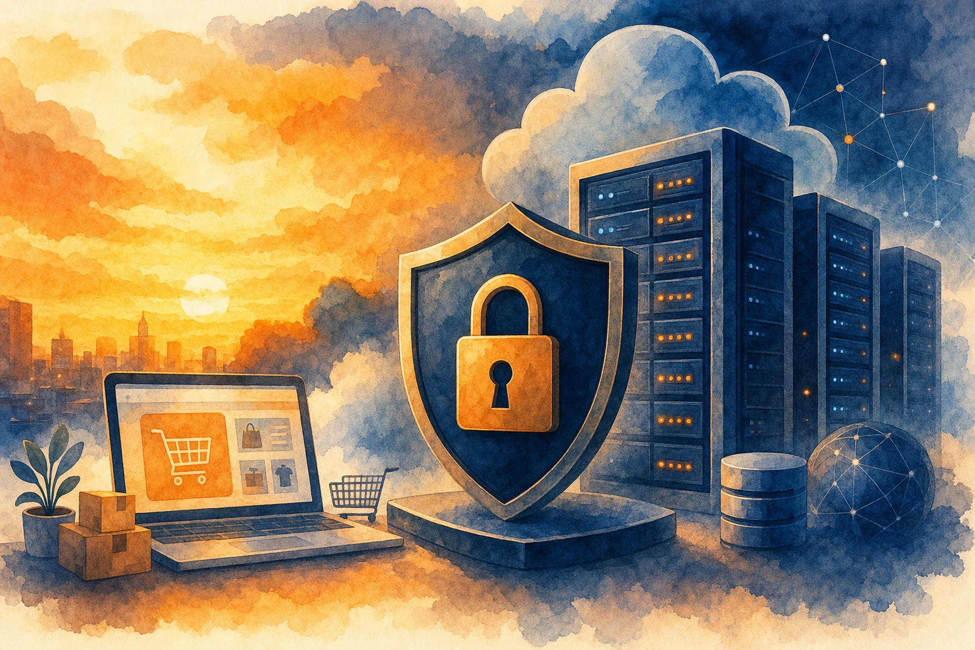Security shield icon layered over a server rack representing hosting-level ecommerce protection