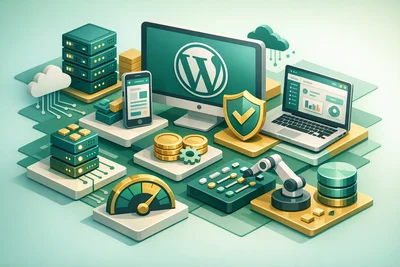 Busy site owner managing a WordPress website from a clean hosting dashboard on a laptop