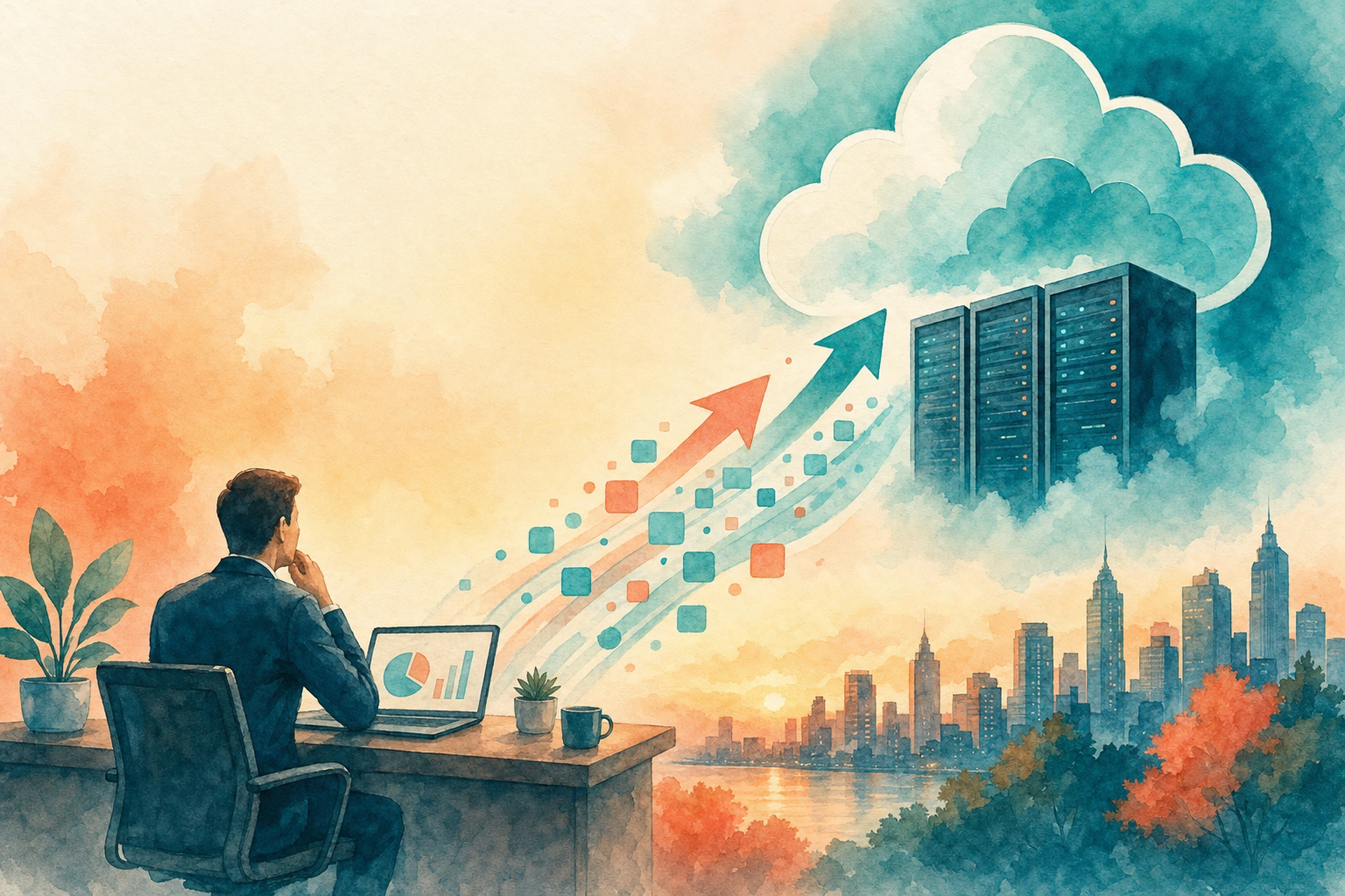 Business team reviewing cloud hosting infrastructure plans before a growth surge
