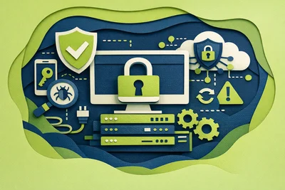 Website security protection checklist displayed on a laptop screen in a business office setting