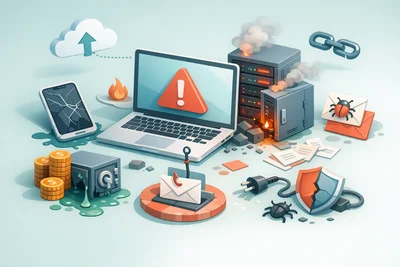 Business professional reviewing email on laptop with custom domain address visible on screen