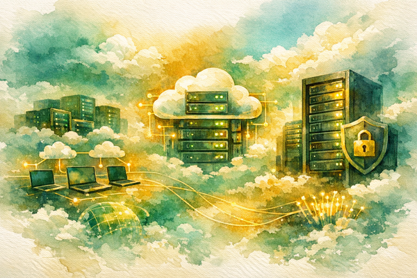 Server rack in a data center with blue LED lights representing managed web hosting infrastructure