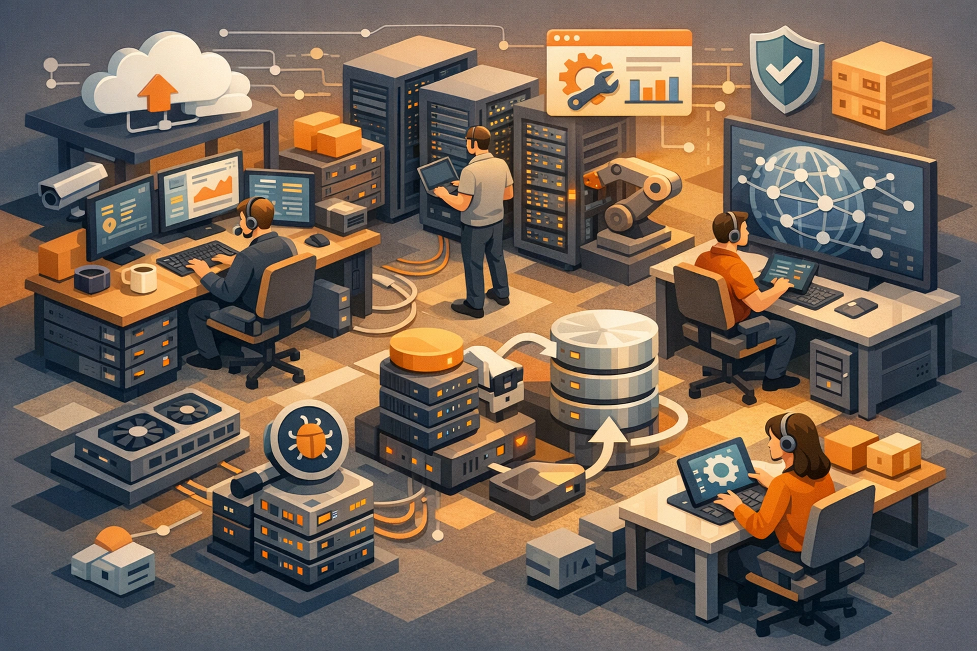 Managed web hosting team monitoring server dashboards and security logs behind the scenes