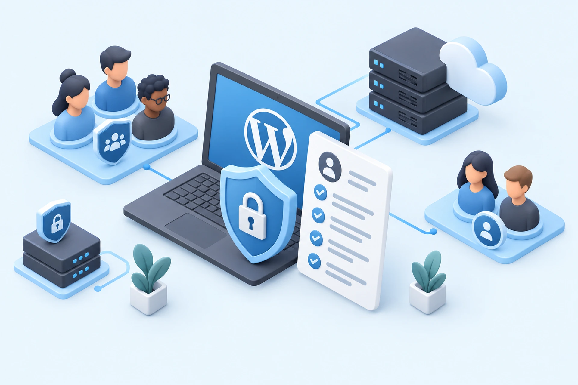 Team reviewing WordPress user roles and permissions on a laptop screen