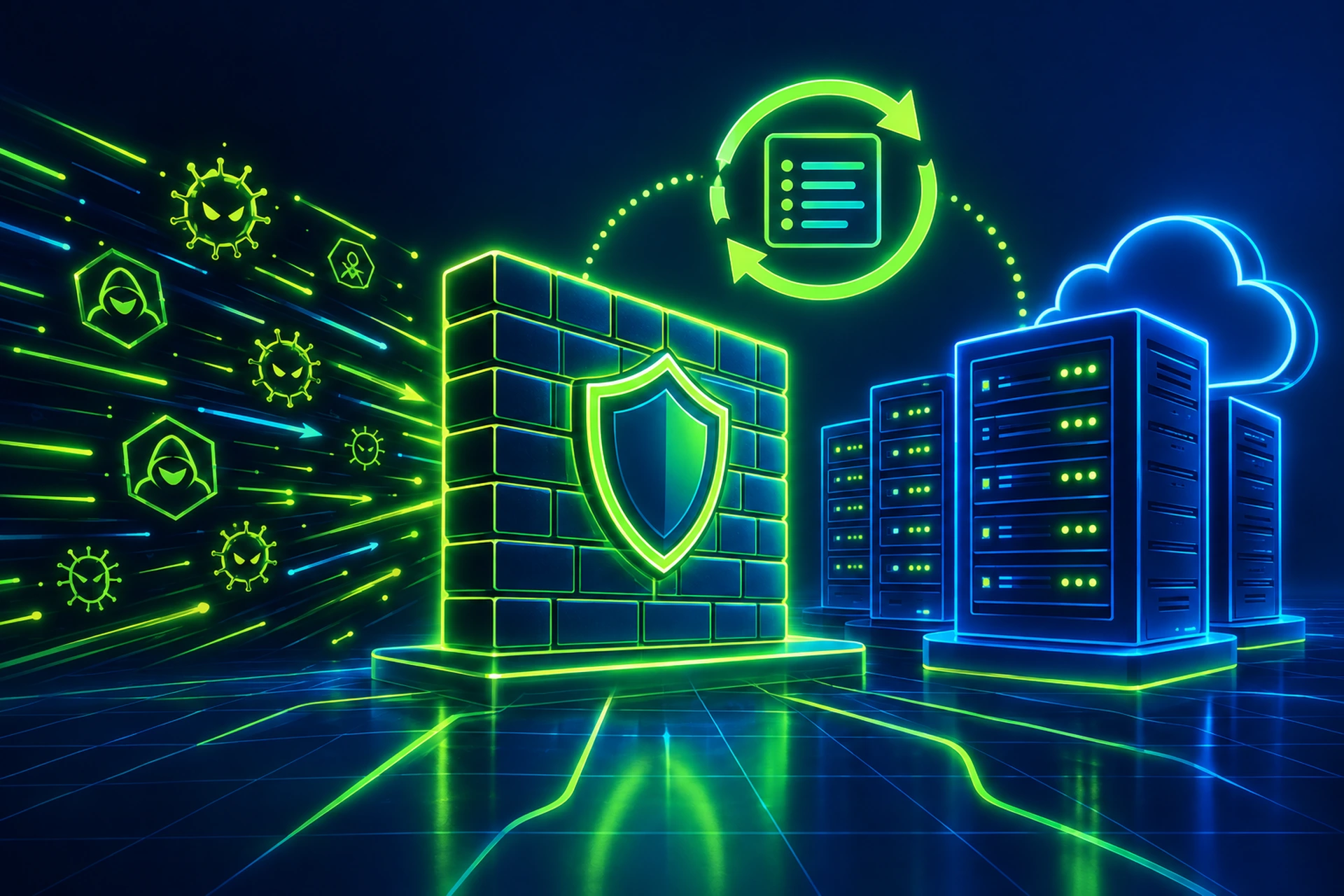 Security dashboard showing web application firewall rule updates and traffic filtering