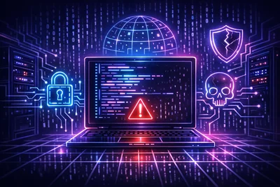 Abstract visualization of interconnected code dependencies with a security warning symbol