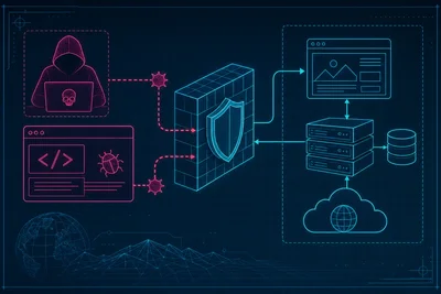 Illustration of a web application firewall blocking a cross-site scripting attack before it reaches a website