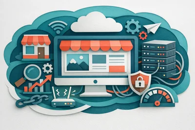 Small business owner reviewing website hosting options on a laptop at a desk