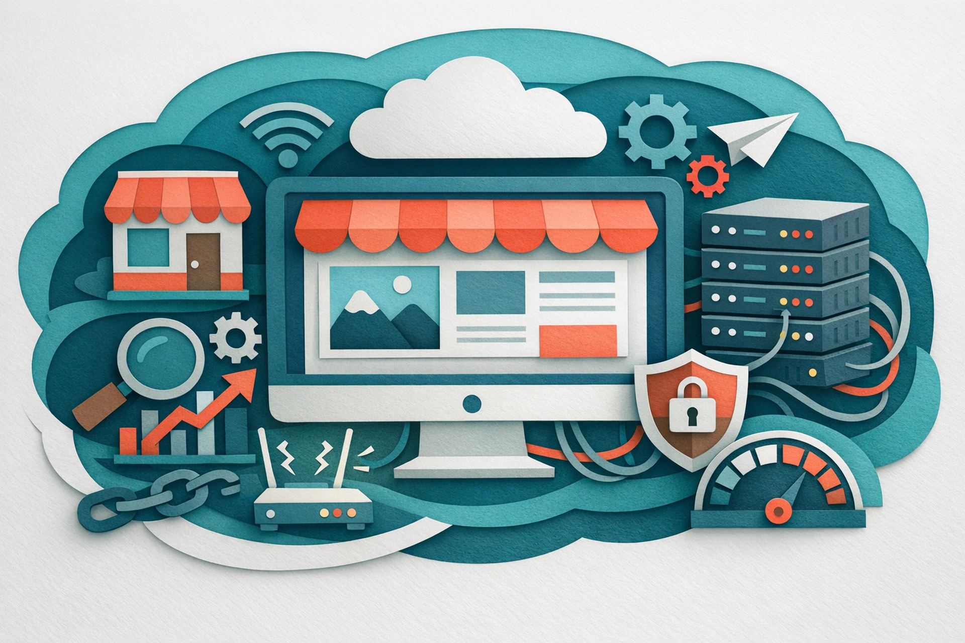 Small business owner reviewing website hosting options on a laptop at a desk