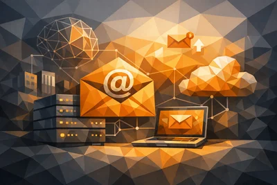 Startup founder setting up business email hosting on a laptop at a desk