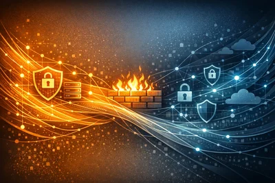 Server security dashboard showing blocked threats and firewall activity on a dark interface