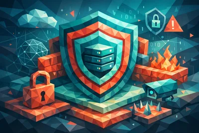 Layered website security protection diagram showing multiple defense layers protecting a web server