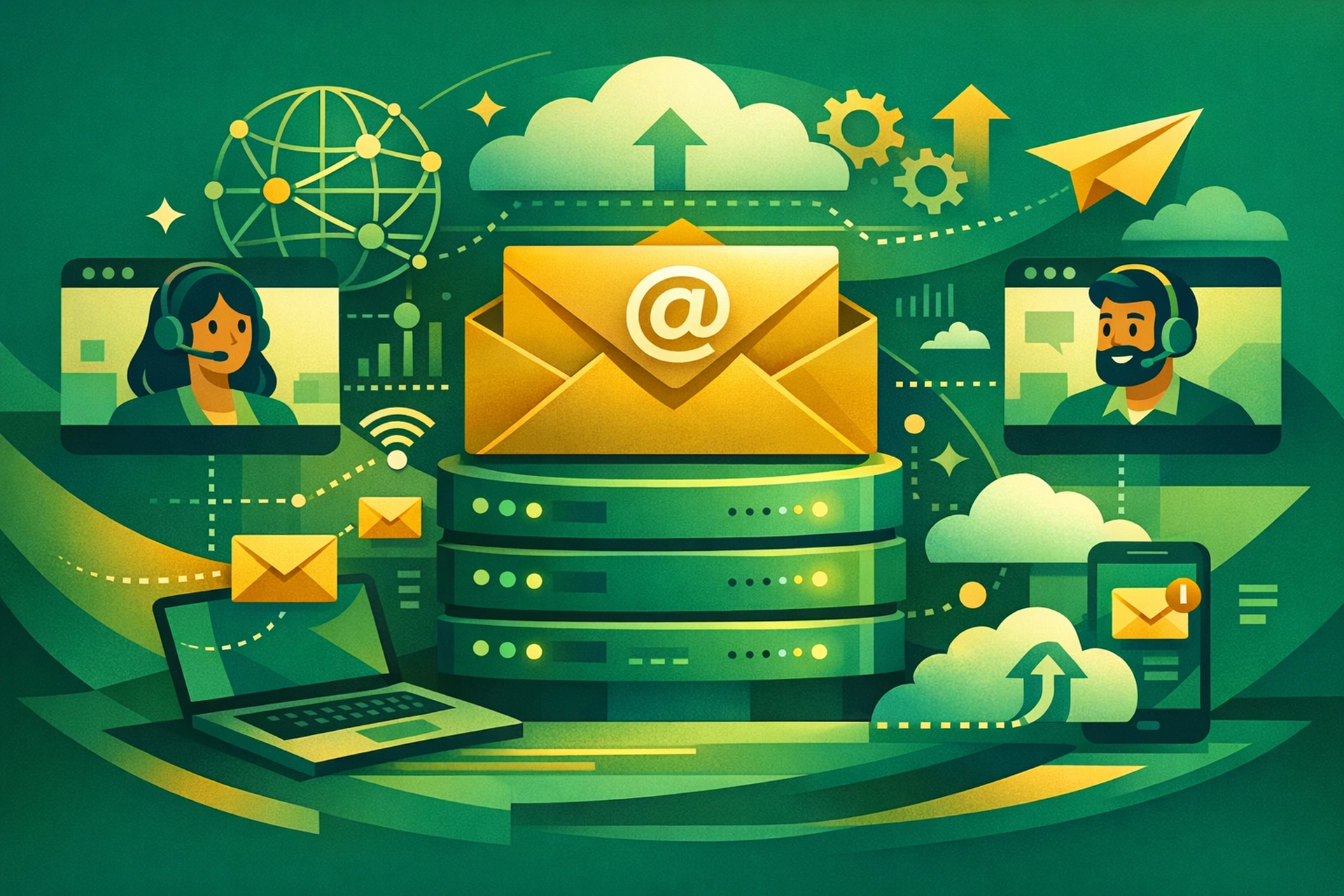 Remote team members collaborating across devices with professional business email on custom domain