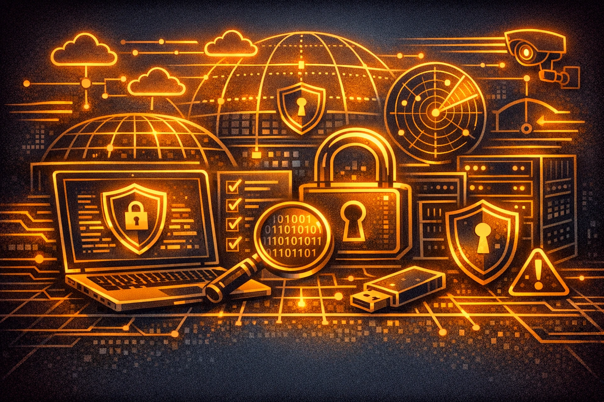 Website owner auditing security settings on a laptop, reviewing SSL, backups, and firewall protection