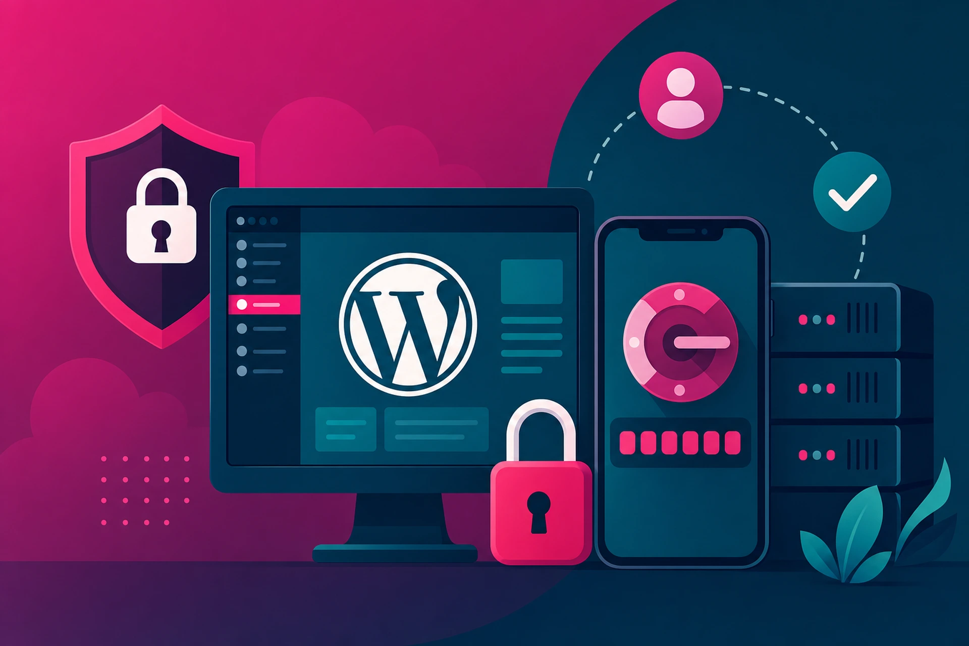 Setting up two-factor authentication on a WordPress login screen with a phone showing an authenticator app