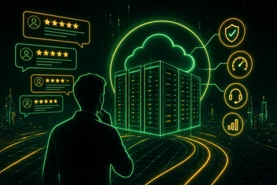 Person reading customer reviews on a laptop while researching managed hosting providers