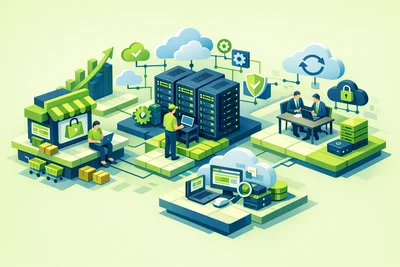 Business owner reviewing managed web hosting dashboard on laptop in a modern office