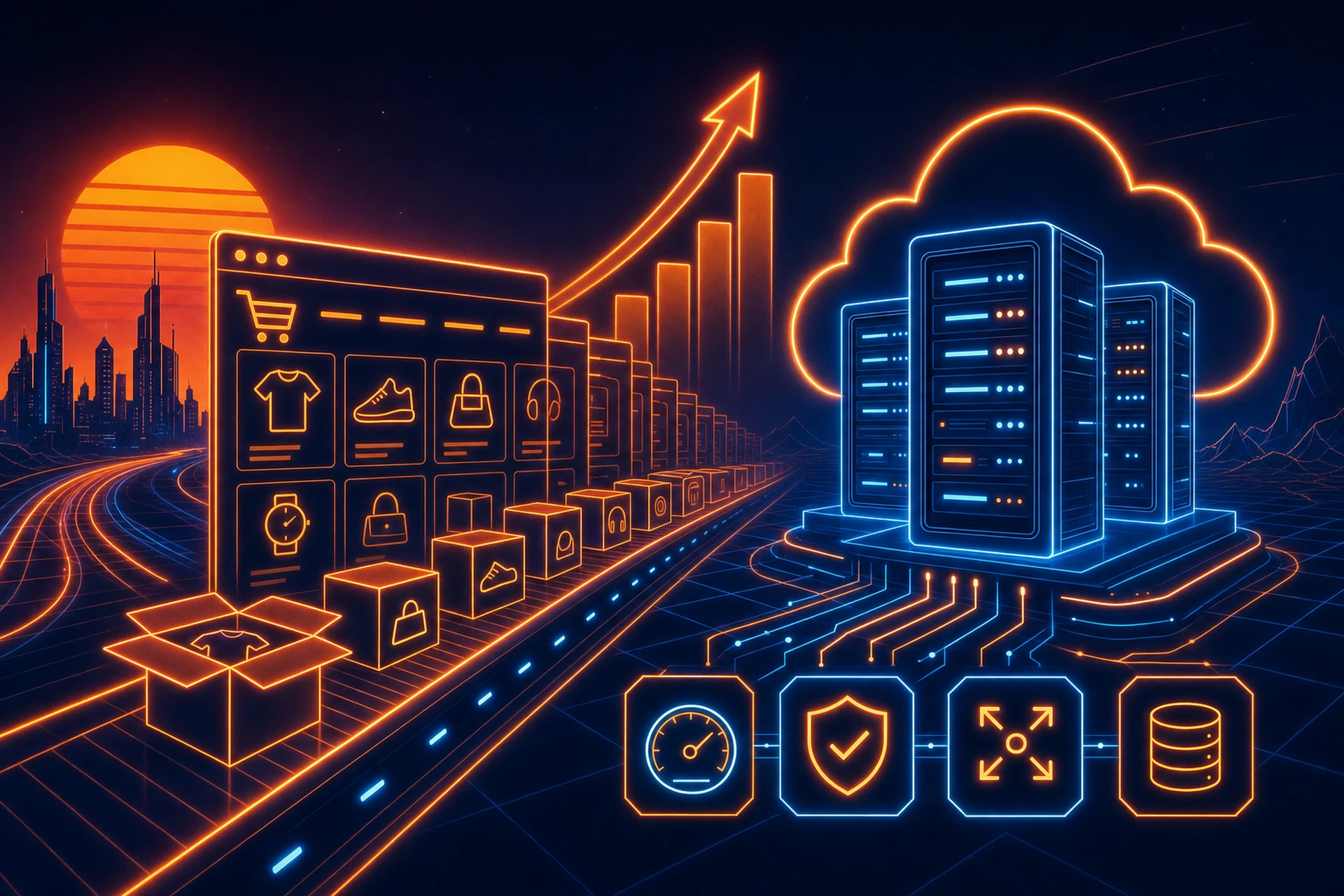 Growing ecommerce product catalog displayed on a laptop screen with hosting server icons