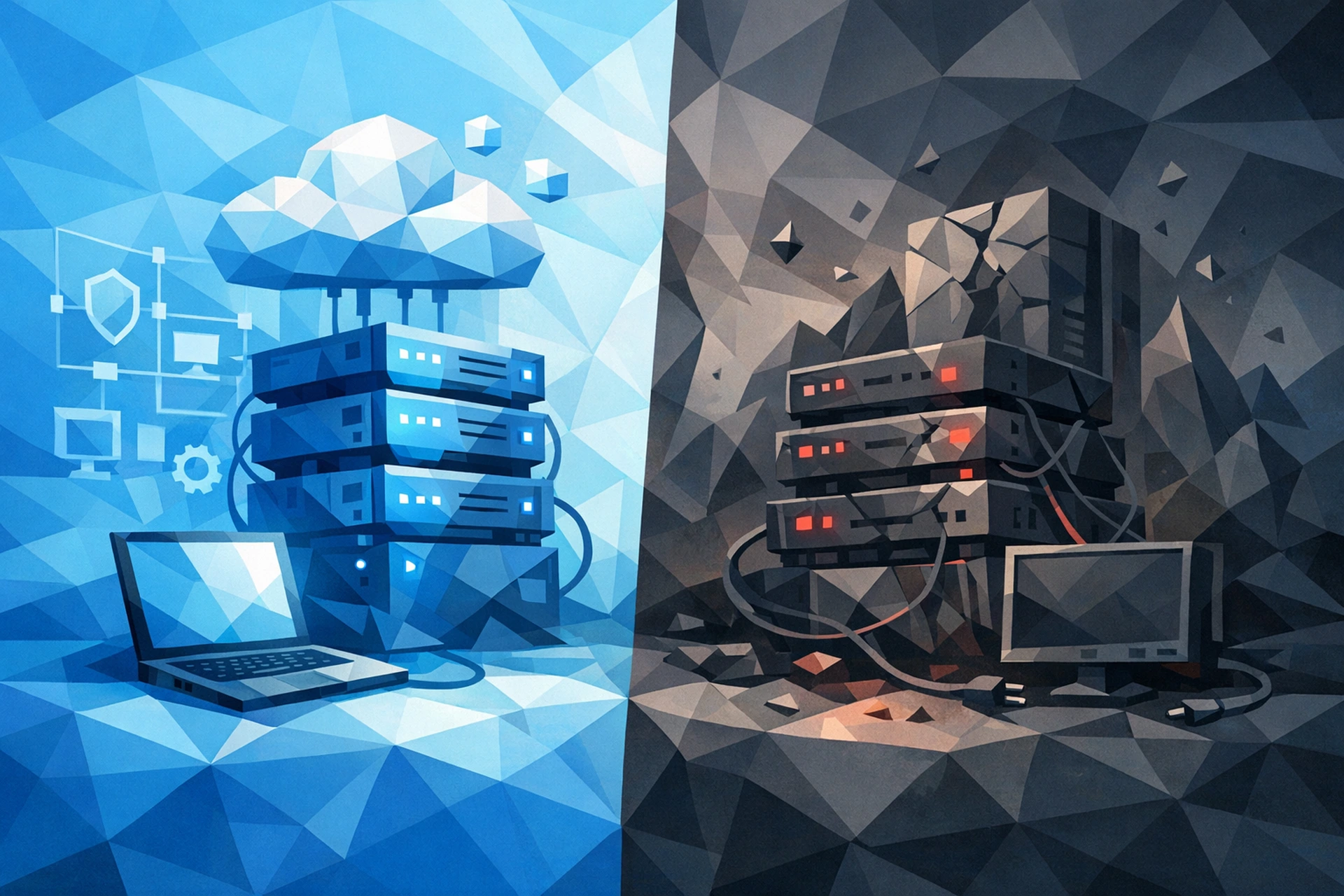 Side-by-side comparison of managed and unmanaged web hosting showing server management responsibilities